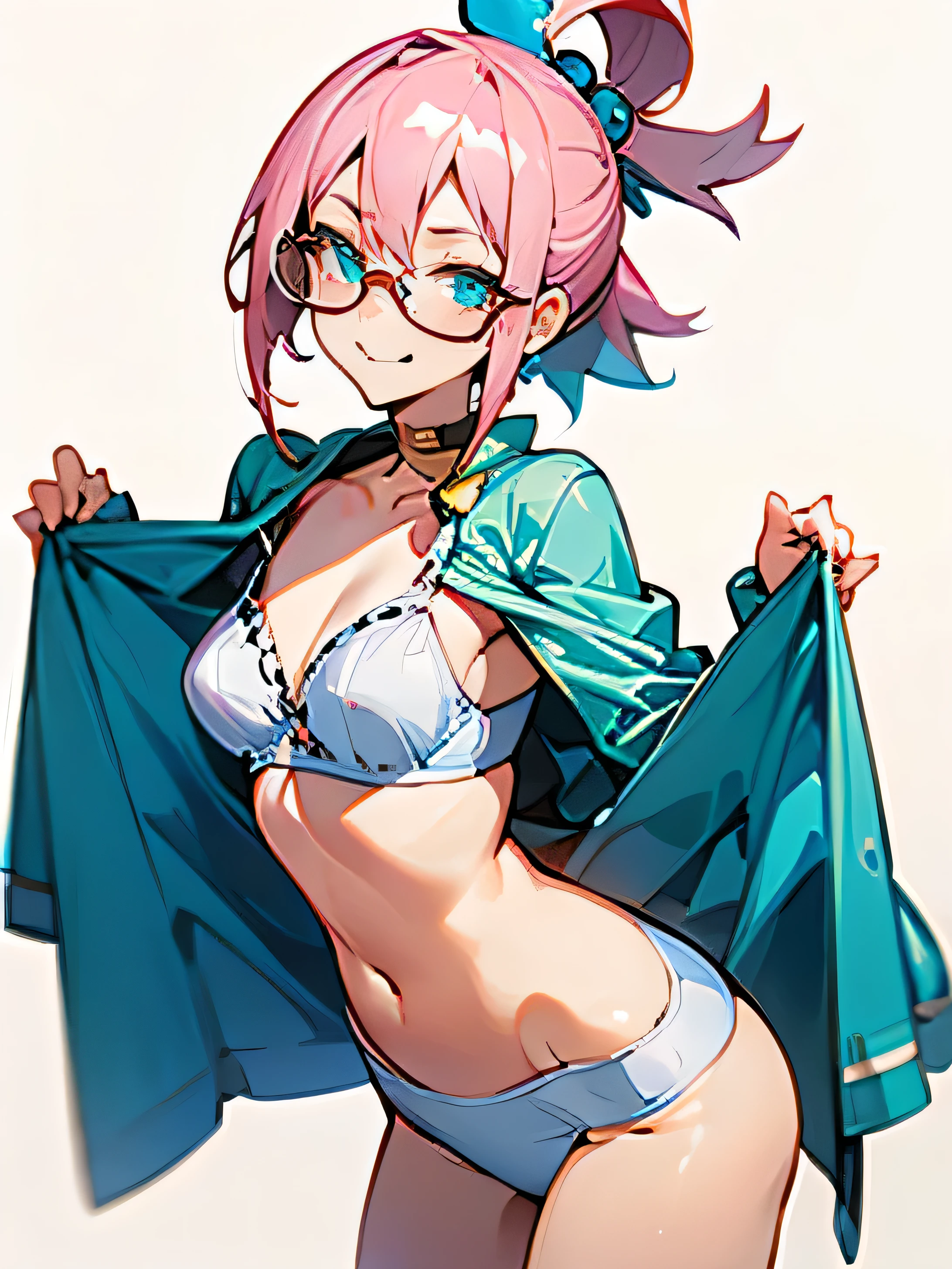 AQUA FROM KONOSUBA, PINK HAIR, GLASSES, BRA, SEXY CLOTH, SMILING