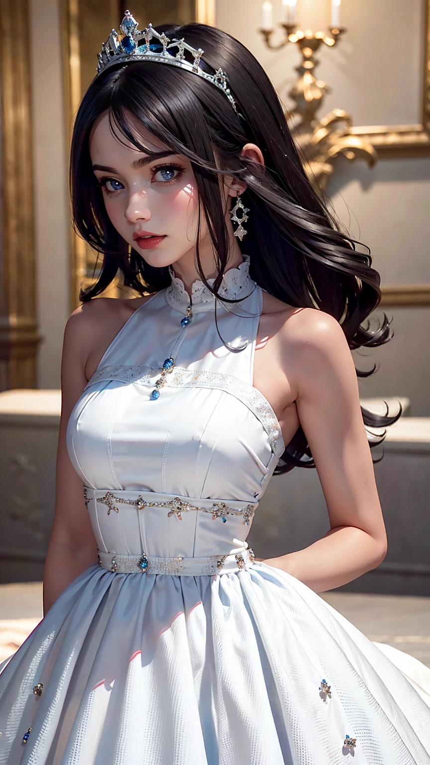 wearing a blue dress
