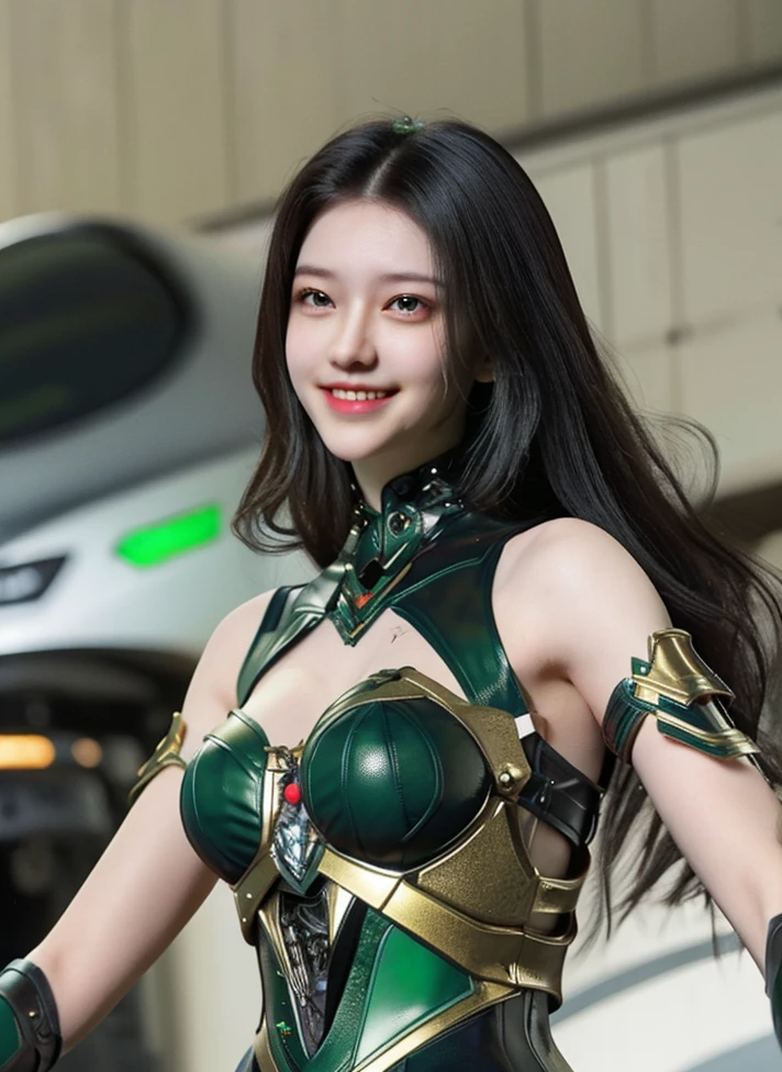 Armoured girl, realistic, long hair, lite green black robotics, smile,