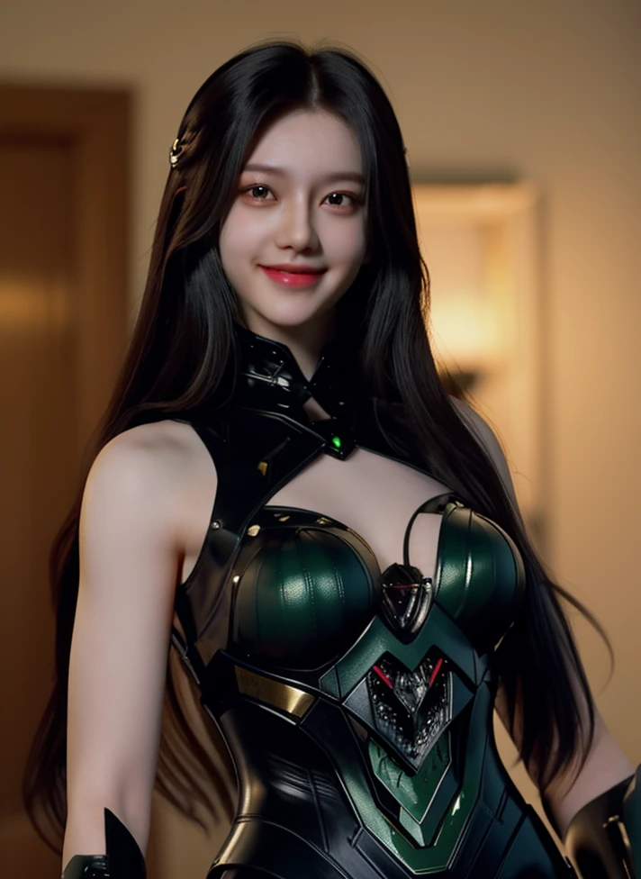 Armoured girl, realistic, long hair, lite green black robotics, smile,