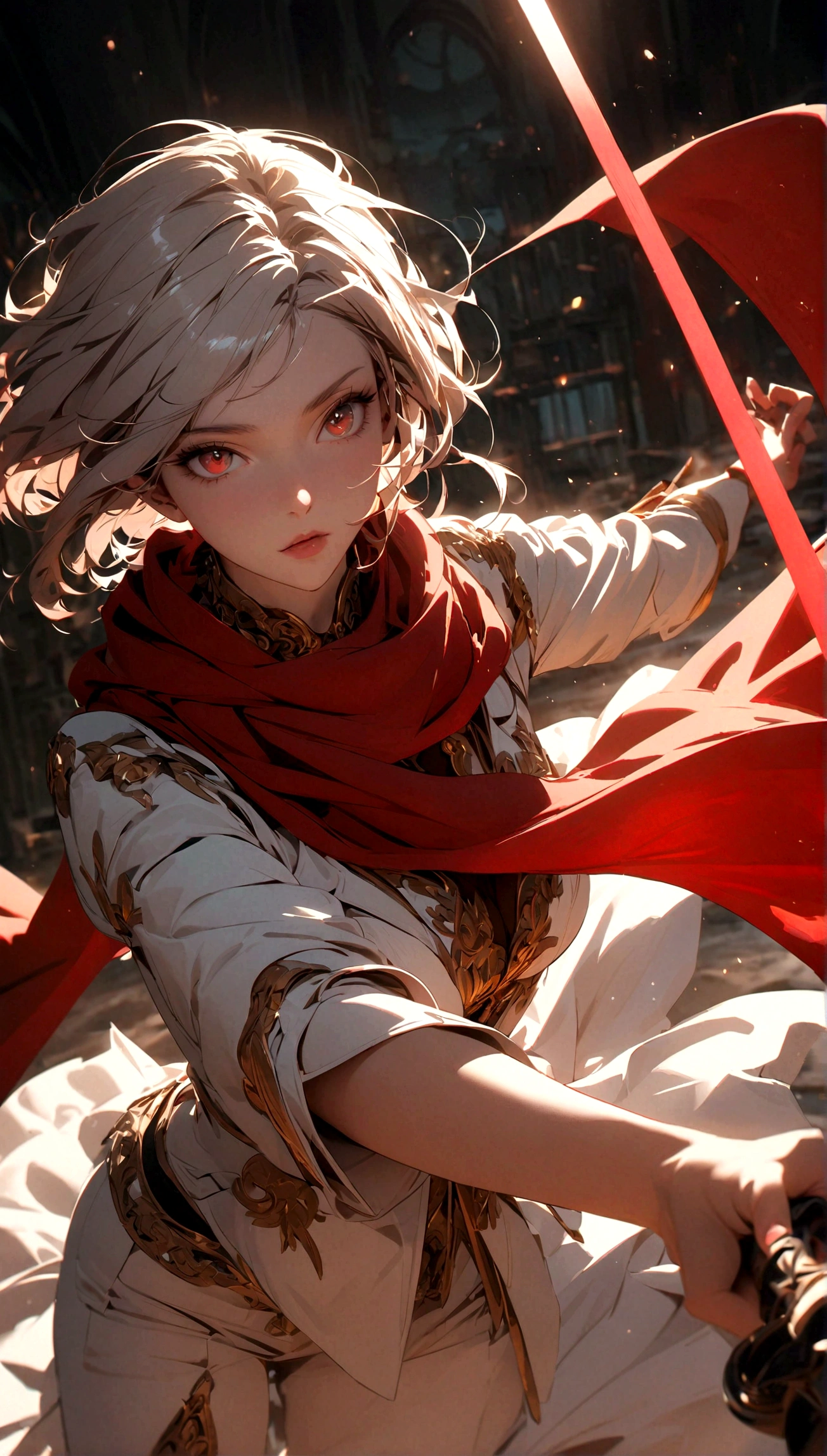 a model in a white suit and red scarf holding a sword