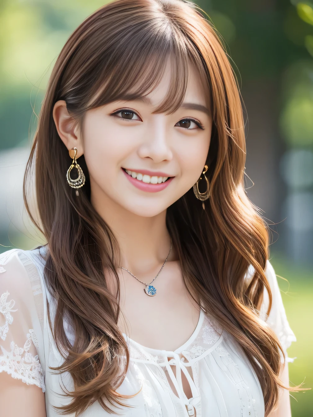 Ultra-high resolution, Superior Quality, highest quality, Very detailed, Realistic, 8k, RAW Photos, highest quality, masterpiece, Attractive girl, Awesome girl, Light brown hair、Wavy Hair、 hairstyle semi long、Mesh Hair, Japanese Idols, Ear piercing、Necklace around the neck、blouse、smile、Beautiful teeth alignment、