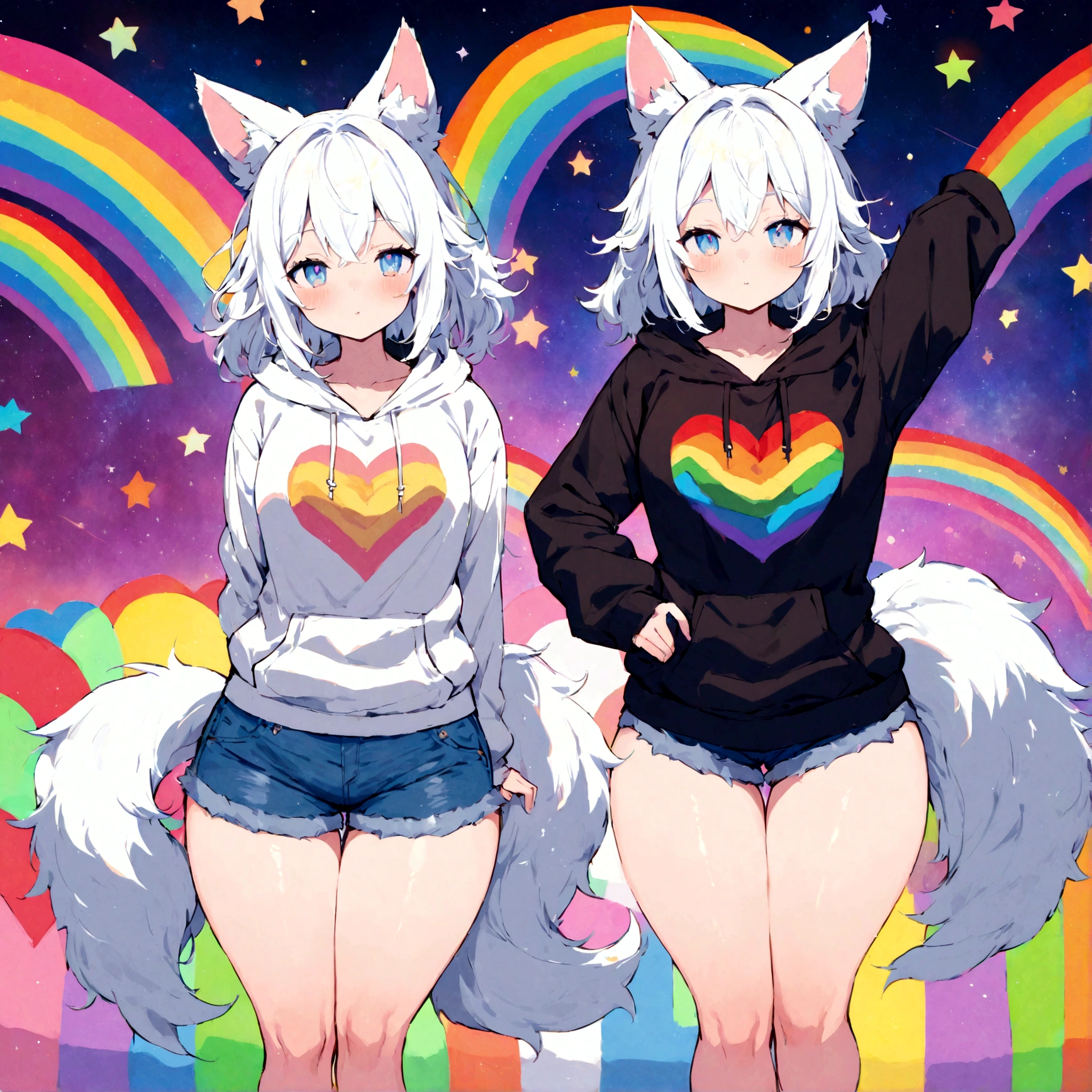 a cute adult male with wolf ears, white hair, has a wolf tail, wearing a loose cropped oversized black hoodie, wearing a pair of denim short shorts and fishnet stockings, thick thighs, wide hips, relaxing on mound of fluffy multi colored kawaii plushies, short, very slim, showing slender tummy, stretching out, heart on hoodie, squishy thighs, has glowing blue eyes. alone, solo (ALONE)(SOLO), surrounded by rainbows, colorful galaxy backround