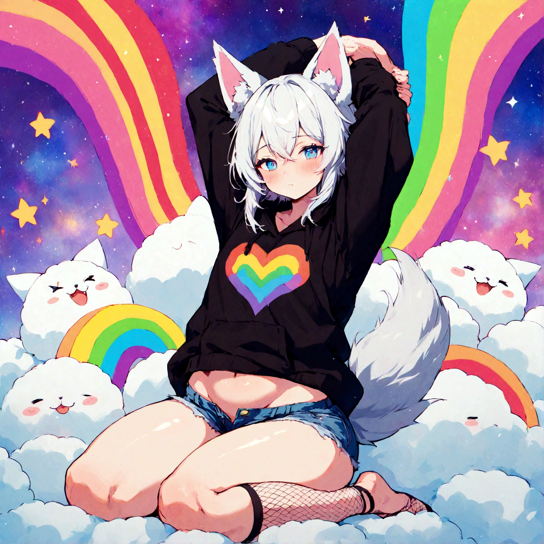 a cute adult male with wolf ears, white hair, has a wolf tail, wearing a loose cropped oversized black hoodie, wearing a pair of denim short shorts and fishnet stockings, thick thighs, wide hips, relaxing on mound of fluffy multi colored kawaii plushies, short, very slim, showing slender tummy, stretching out, heart on hoodie, squishy thighs, has glowing blue eyes. alone, solo (ALONE)(SOLO), surrounded by rainbows, colorful galaxy backround