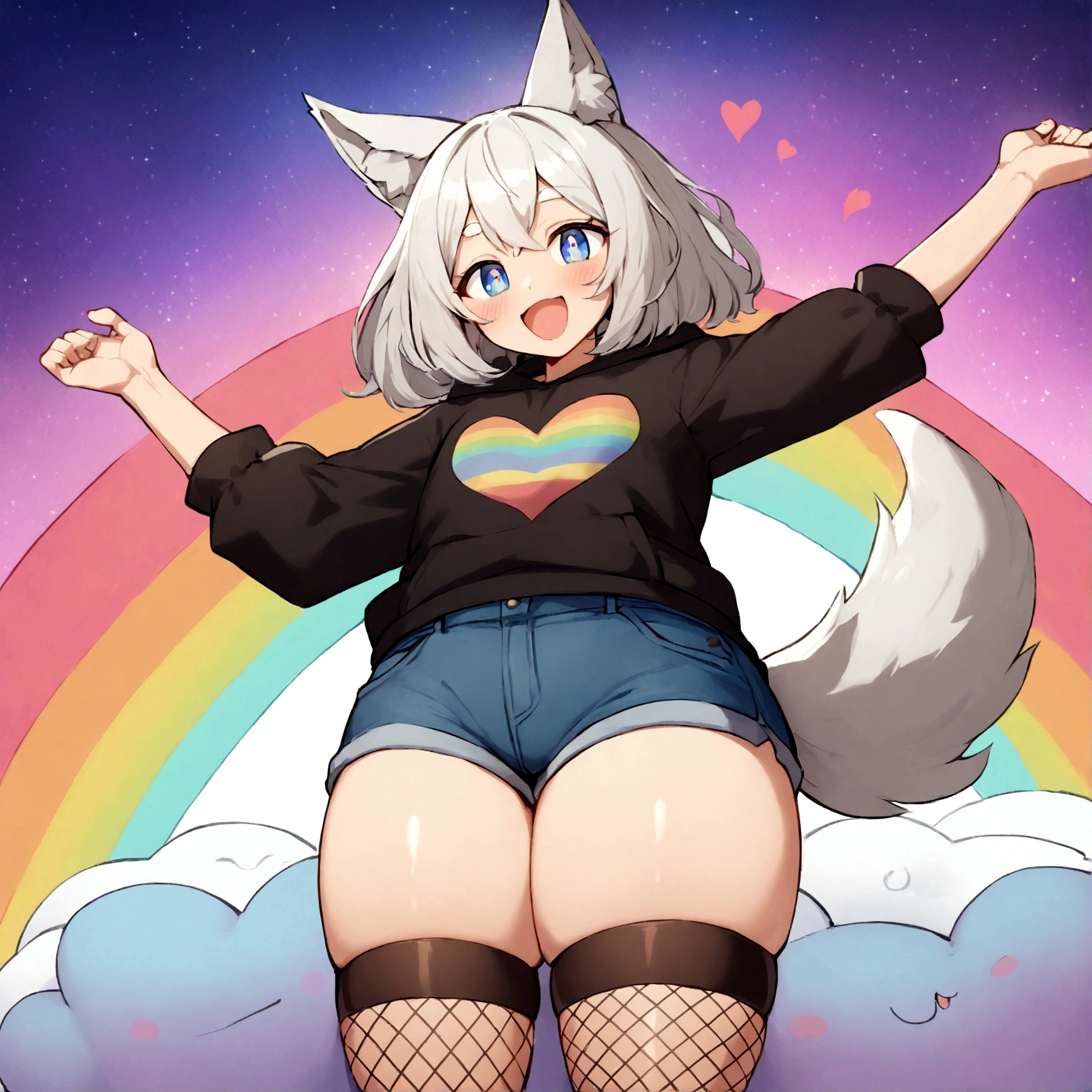 a cute adult male with wolf ears, white hair, has a wolf tail, wearing a loose cropped oversized black hoodie, wearing a pair of denim short shorts and thigh high fishnet stockings, thick thighs, wide hips, relaxing on mound of fluffy multi colored kawaii plushies, short, very slim, showing slender tummy, stretching out, heart on hoodie, squishy thighs, has glowing blue eyes. alone, solo (ALONE)(SOLO), surrounded by rainbows, colorful galaxy backround, mouth wide open grin, very happy, excited, nice butt