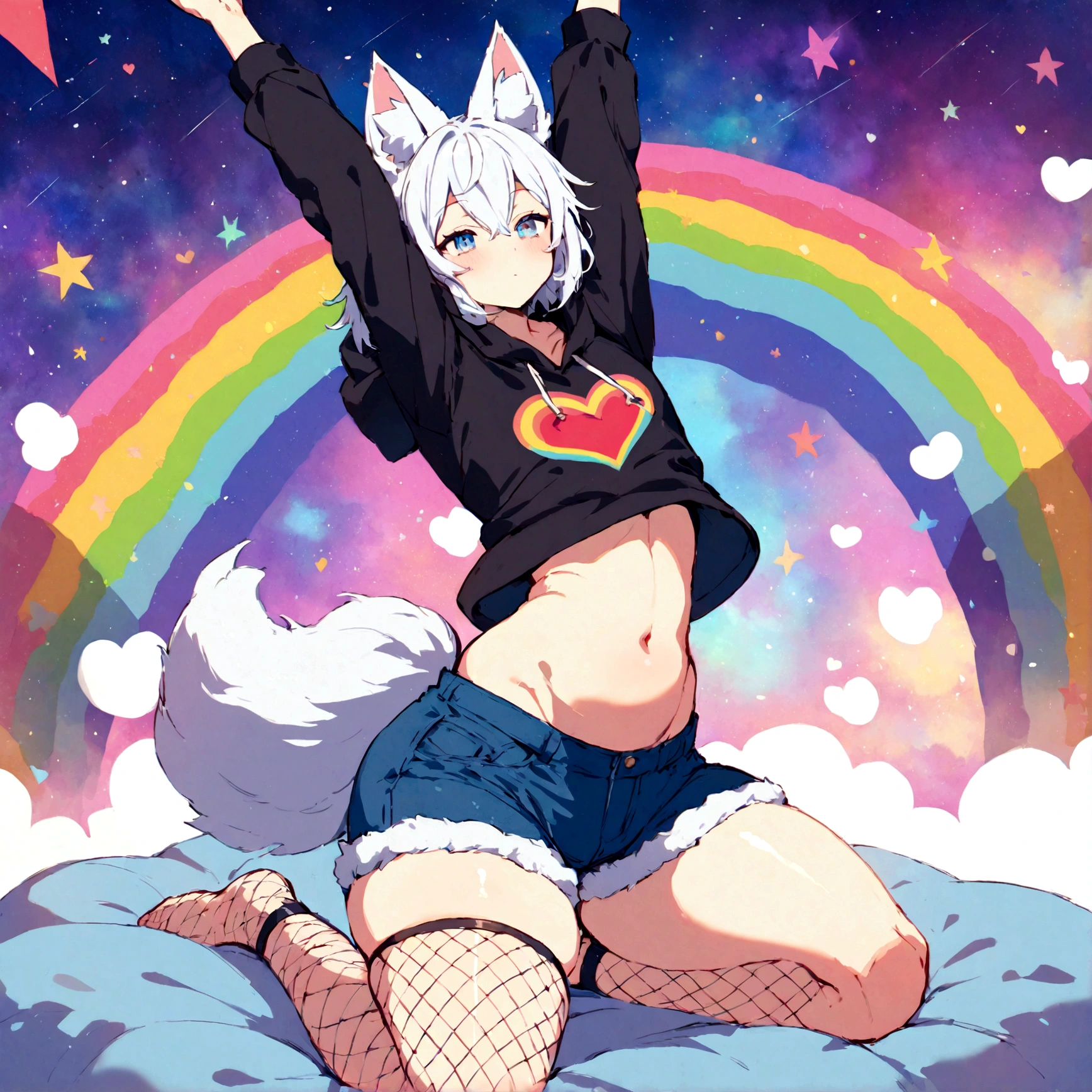a cute adult male with wolf ears, white hair, has a wolf tail, wearing a loose cropped oversized black hoodie, wearing a pair of denim short shorts and fishnet stockings, thick thighs, wide hips, relaxing on mound of fluffy multi colored kawaii plushies, short, very slim, showing slender tummy, stretching out, heart on hoodie, squishy thighs, has glowing blue eyes. alone, solo (ALONE)(SOLO), surrounded by rainbows, colorful galaxy backround