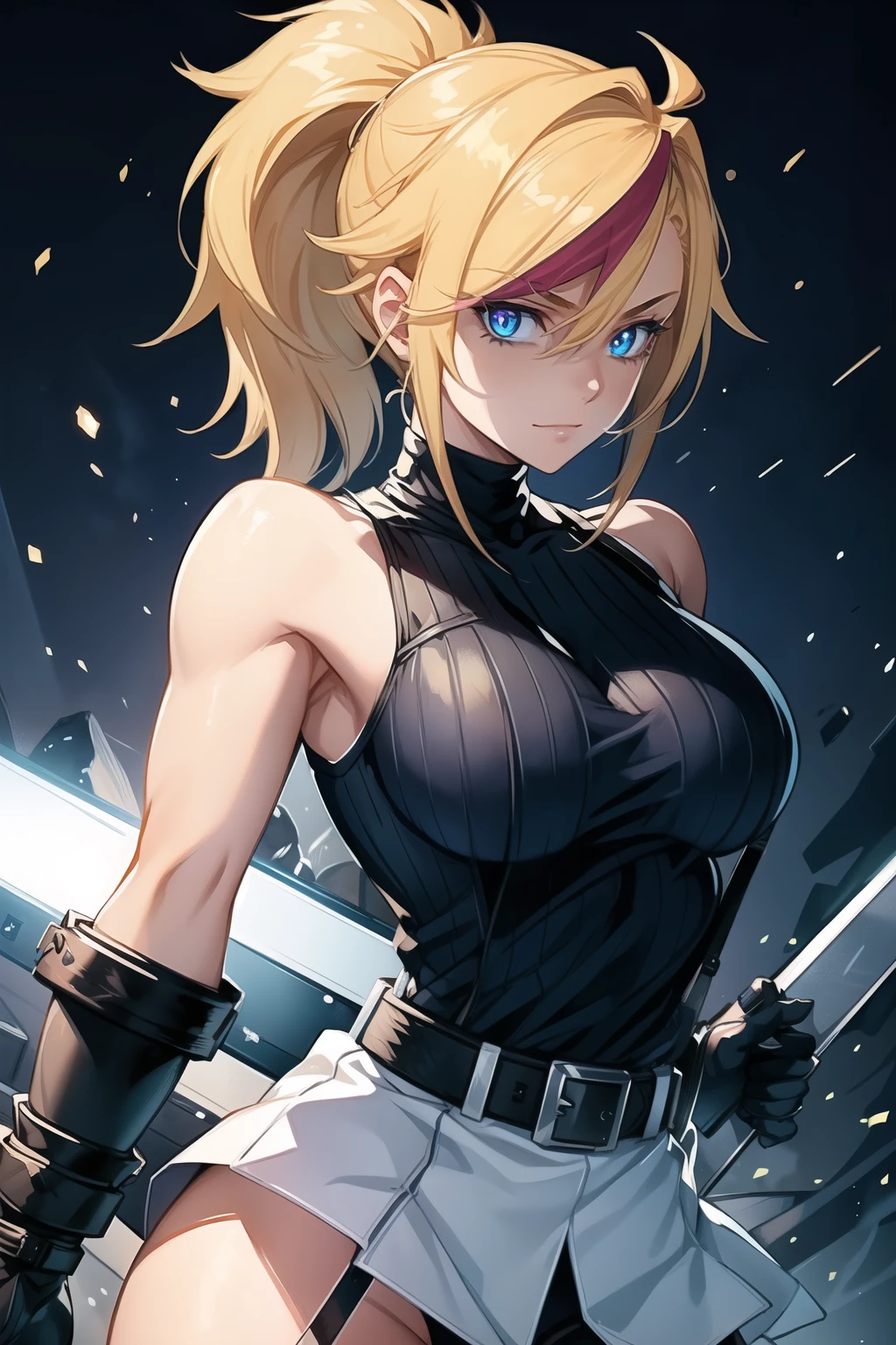 (masterpiece, best quality:1.2), Blue glowing eyes, perfect face, highres, 1 girl, solo, ultra long ponytail, (female:1.5), strife, blonde hair, shoulder armor, sleeveless turtleneck, suspenders, belt, gloves, bracer, evil smile, standing, portrait, looking at viewer, giant sword on the back