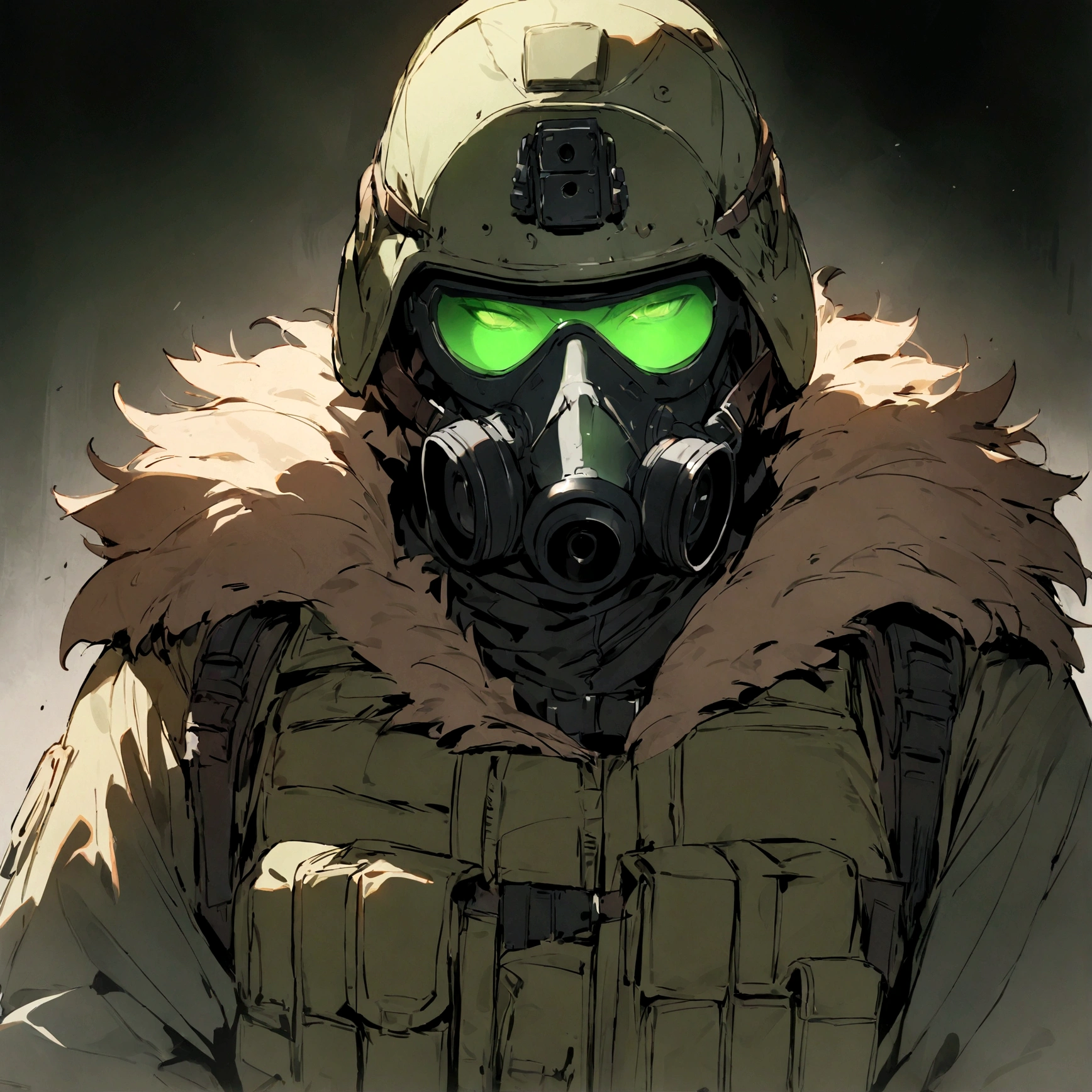 (masterpiece), best quality, faceless, hidden face, soldier, full face mask, green lenses, thin mask lenses, Male, Green Tactical helmet, black M50 gasmask, brown leather fur lined duster coat, green tactical vest, waist up view, upper body