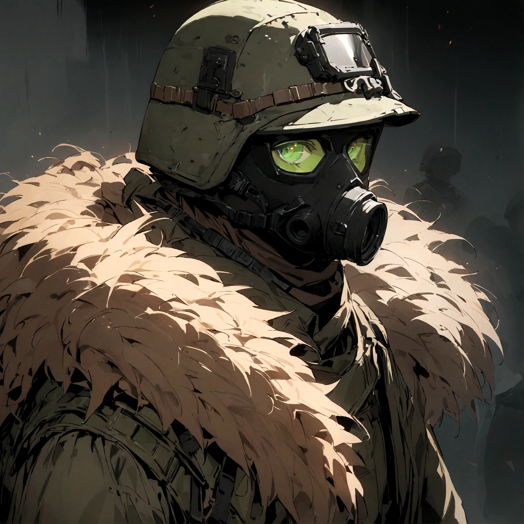 (masterpiece), best quality, faceless, hidden face, soldier, full face mask, green lenses, thin mask lenses, Male, Green Tactical helmet, black M50 gasmask, brown leather fur lined duster coat, green tactical vest, waist up view, upper body