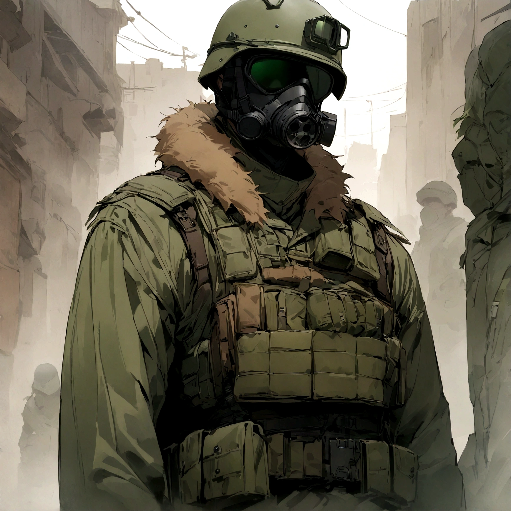 (masterpiece), best quality, faceless, hidden face, soldier, full face mask, green lenses, thin mask lenses, Male, Green Tactical helmet, black M50 gasmask, brown leather fur lined duster coat, green tactical vest, waist up view, upper body