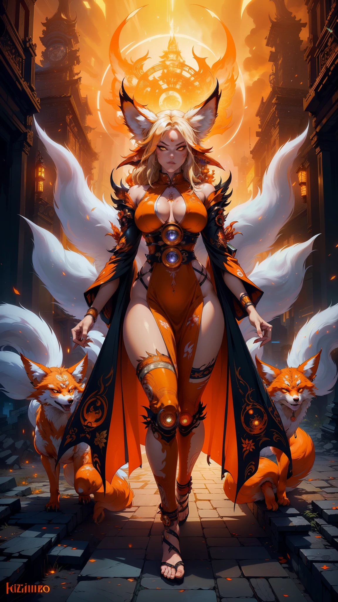 REALISTIC VISION 1.4, BETTER VAE,sharp focus, ultra detail, 32k,realistic photo, intricate details, (kitsune:1.4) , blond hair, (blond hair), orange eyes, intricate details ,woman, nine tails, intricate details,intricate details,big , Voluptuous body, intricate details, (Miko:1.4) , clothes long white dress with red details intricate details, tattoos intricate details, (full body:1.4) , (with a orange nine tails fox :1.4) , kiuubi (kurama, naruto), angry face, walking on the ground, backwards, orange aura, (perfect anatomy :1.4),(Fondo de ruinas de mazmorra en ruinas cyberpunk :1.4 ), (perfect anatomy V2.1), (face detailed :1.4), (cinematic lighting :1.4), (ojos hermosos :1.4),
