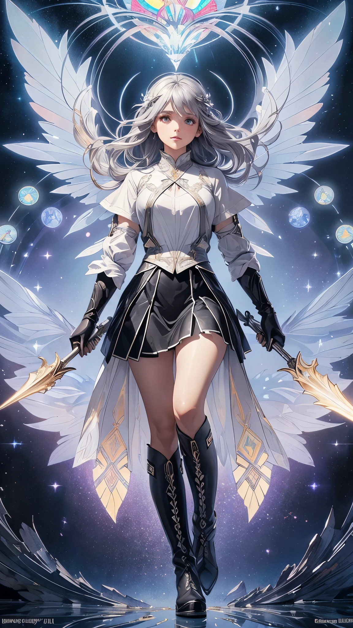 a grey-haired angel with glowing eyes, 2 wings made of light, wielding a spear, wearing a white shirt and black skirt, boots and gloves. ((Very shinninf wing))((mucha luz))((luz cegadora))((celestial))