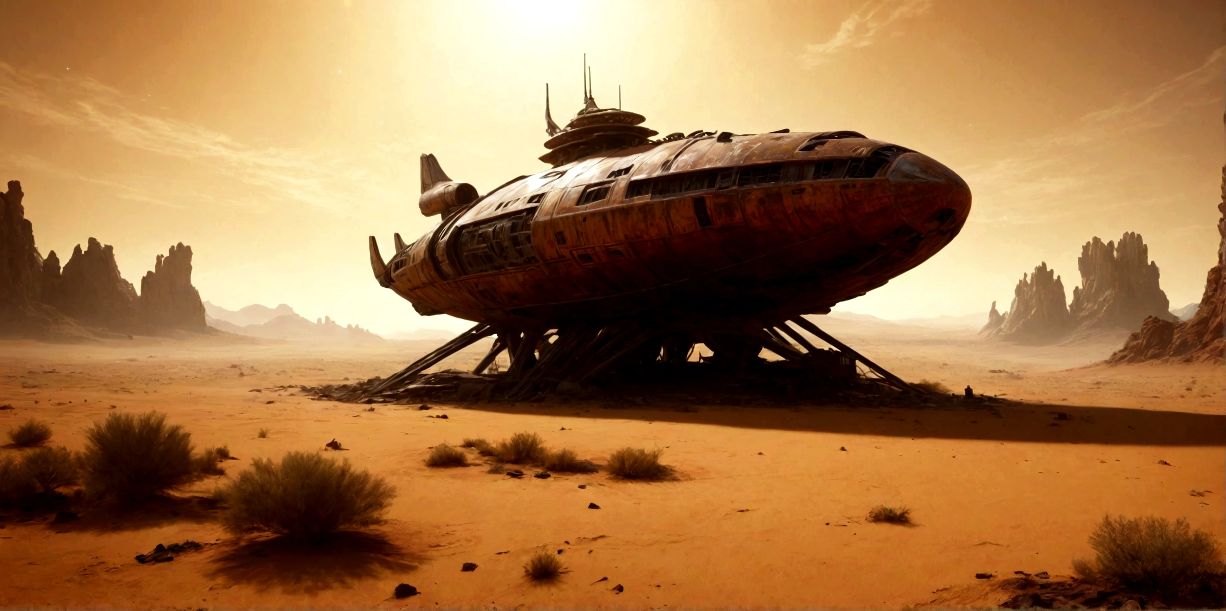 ((HEAVY ATMOSPHERE DESERT PLANET)), ((Alien spaceships)), abandoned alien spaceships, demolished years ago, rust on a desert planet with a heavy atmosphere filled with dust particles. Baja visibilidad. Humanos sobrevivientes deambulan en busca de agua. Hyper realistic scene, 4K, Professional cinematographic lighting. ((PROFUNDIDAD DE CAMPO INFINITA))