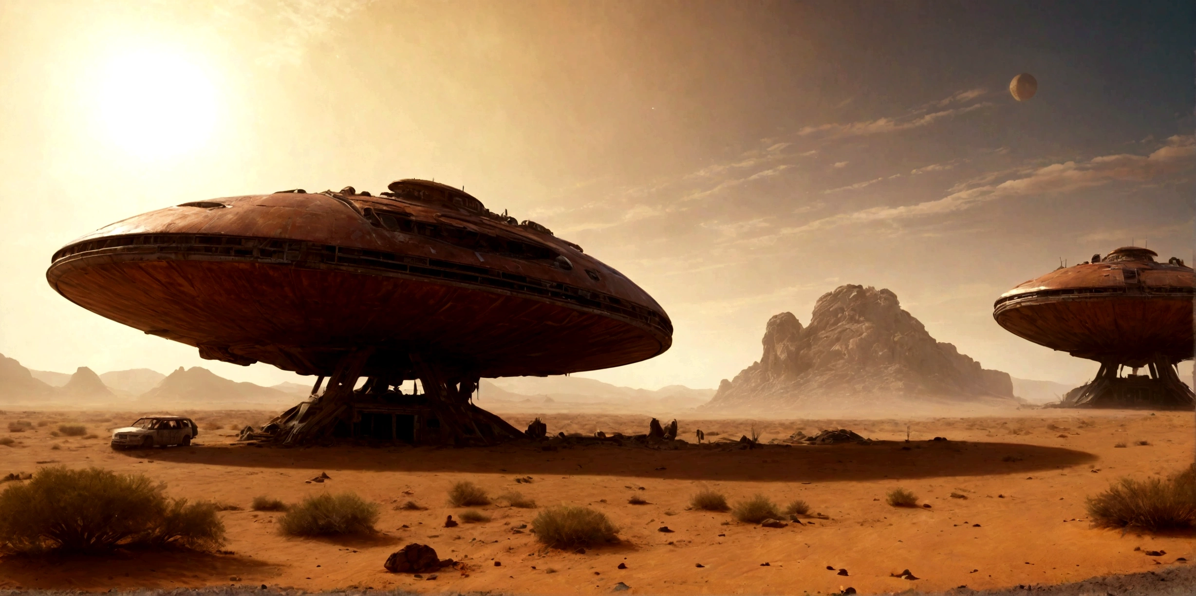 ((HEAVY ATMOSPHERE DESERT PLANET)), ((Alien spaceships)), abandoned alien spaceships, demolished years ago, rust on a desert planet with a heavy atmosphere filled with dust particles. Baja visibilidad. Humanos sobrevivientes deambulan en busca de agua. Hyper realistic scene, 4K, Professional cinematographic lighting. ((PROFUNDIDAD DE CAMPO INFINITA))