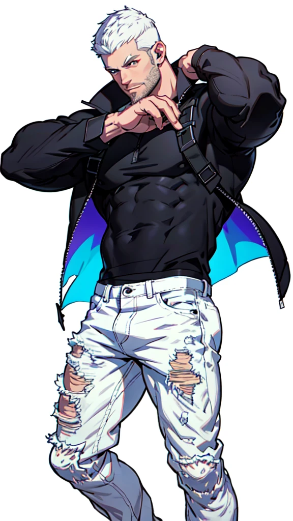full-length, 1college boy, shirtless, wearing ripped jeans pants, looking at the camera, anime style, with crew cut haircut, holding a heart-shaped crystal, highly detailed, 2d illustration, done in photoshop, vibrant colors, composite lighting, nice and perfect face, stubble, handsome, (white background:1.5), (blank background:1.5), masculine shapes, manly, dynamic pose, dynamic angle, sharp and crisp image