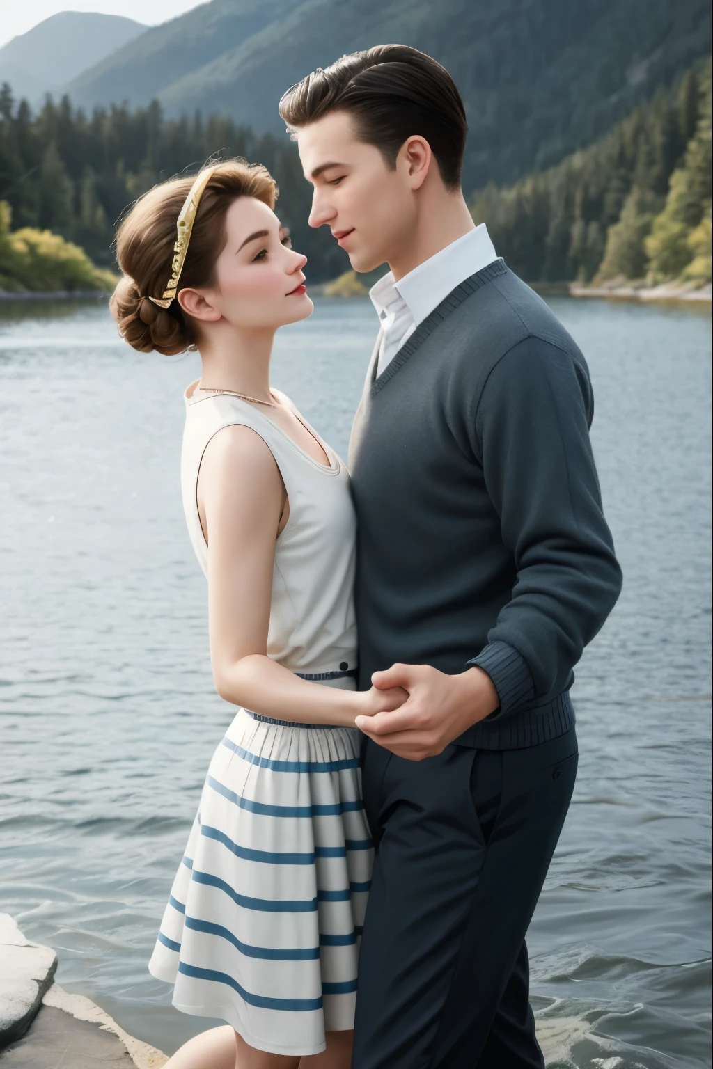 [a young caucasian male, navy and white rugby striped cardigan sweater, light gray chino pant], [1 young caucasian woman, red tea party 1950s vintage audrey hepburn sleeveless spring dress for women] dancing together on surface of a lake, pacific northwest, hyperrealistic photorealistic, detailed eyes, no words, golden hour, natural lighting, intimate mood, 8k