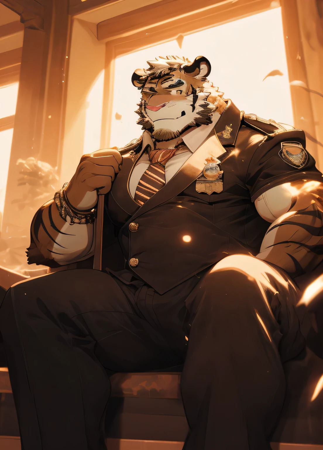 (masterpiece)，(Very detailed)，(best quality)，hairy，Tiger Orc，Orange fur，There are some blonde hair，Golden pupils，Special military emblem，muscular，(Uniform:1.2)，((Black:1.3，tie:1.4))，(((unbutton your clothes)))，(((Smile)))，（Warm and cheerful:1.1)，stand upright，dusk，Sunset outside the window，Light shines in through the windows,(Very detailed)，8K，(super high quality)，Hairy Tiger Tail，Abdominal muscles，Handsome，Young tiger