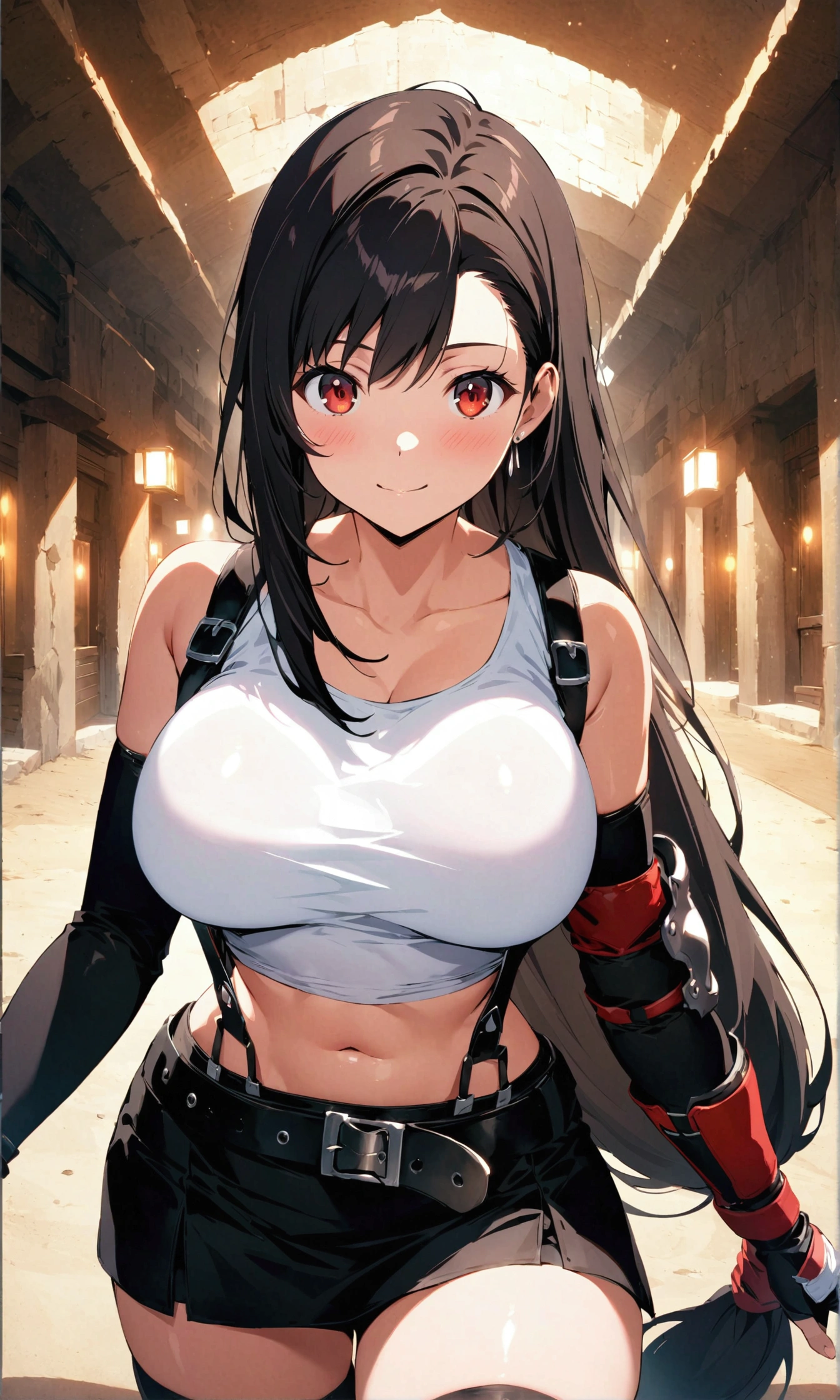 score_9, score_8_up, score_7_up,4k, ,BREAK , (from front,medium angle),standing,straight-on,,(upperbody),looking_at_viewer ,1girl, tifa lockhart, final fantasy, tareme,black hair, low-tied long hair, red eyes, bangs, white tank top, belt, pleated skirt, thighhighs, elbow fingerless gloves, elbow pads, midriff, navel,suspender skirt, ,big_breasts,() ,,(light smile),shiny skin,(Curvy waist), ,Solo,,(daytime and beachside,), ,,,detailed skin,,((best quality)),,(aesthetic,very aesthetic),(beautifulbody),(UHD),anime,anime style, key visual,, highly detailed,sharp focus,depth of field,,professional lighting,cinematic lighting,shirtlift