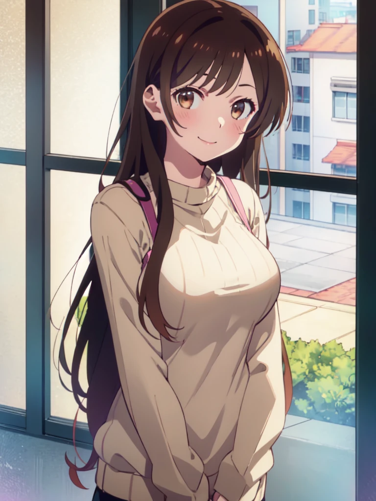 (((pixel-perfect, detail-perfect))), solo, 1girl, chizuru ichinose, sweater, looking at viewer, smile, upper body1 girl, beauty, brown eyes, alone, breasts, brown hair, big breasts, Kanojo anime lineart, Chizuru, 1 girl, brown hair, long hair,, big breasts,transparent lingerie,add_detail: 1, 