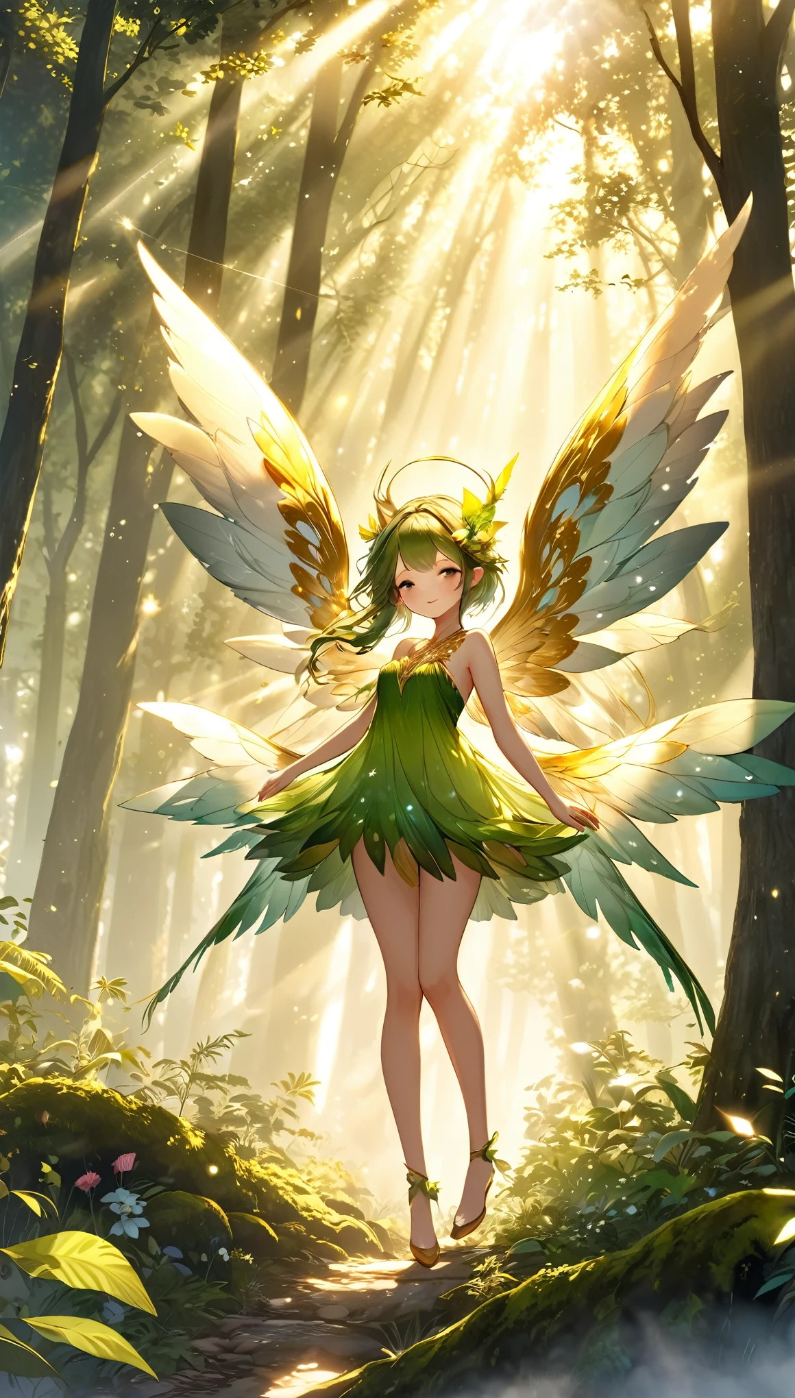 best quality, super fine, 16k, incredibly absurdres, extremely detailed, 2.5D, delicate and dynamic, beautiful and cute forest fairies, big wings, wings, sunlight filtering through the trees, fog and gold dust effects
