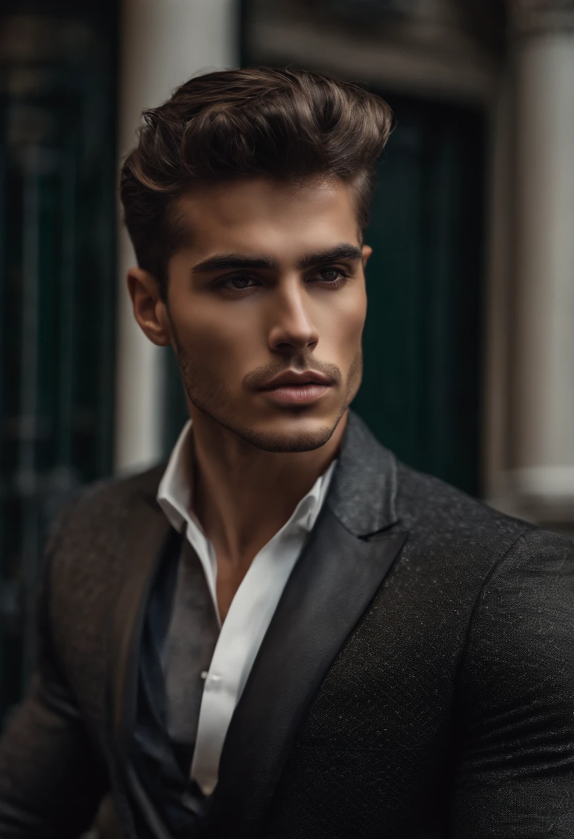 fotografia, masculine perfection, queixo forte, fleshy lips, nariz romano, cabelo loiro curto, hazel eyes, hiper-realista, 8k-v4 . Moda moderna alta costura fashion futurista. Roupa preta moderna