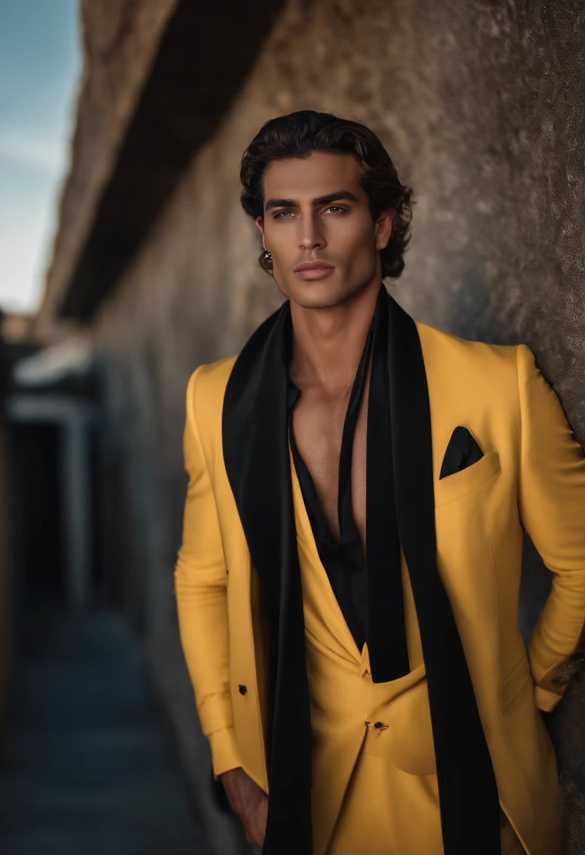 fotografia, masculine perfection, queixo forte, fleshy lips, nariz romano, cabelo loiro curto, hazel eyes, hiper-realista, 8k-v4 . Moda moderna alta costura fashion futurista. Roupa preta moderna
