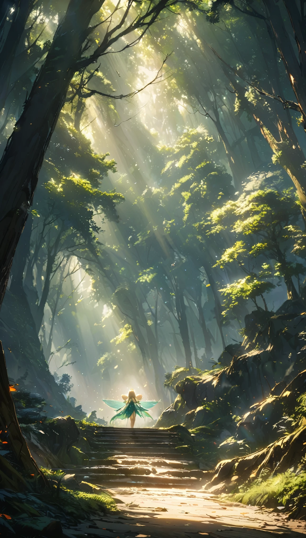 best quality, super fine, 16k, incredibly absurdres, extremely detailed, 2.5D, delicate and dynamic, beautiful and cute forest fairies, big wings, wings, sunlight filtering through the trees, fog and gold dust effects