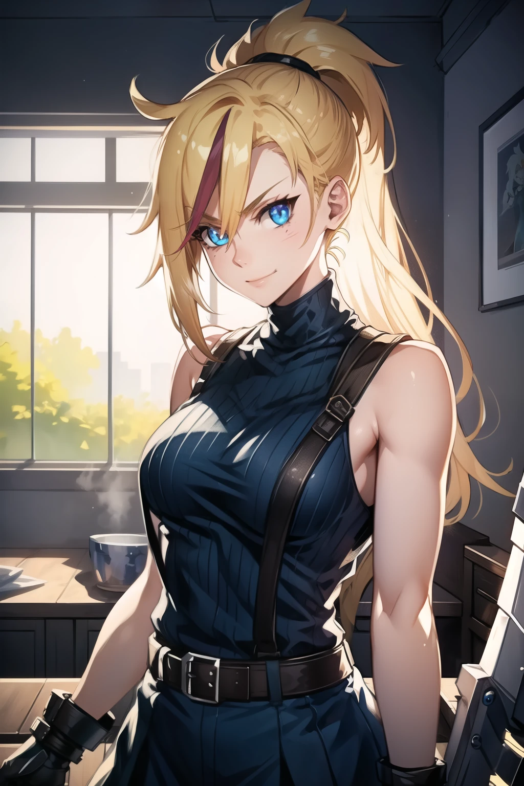 (masterpiece, best quality:1.2), Blue glowing eyes, perfect face, highres, 1 girl, solo, ultra long ponytail, (female:1.5), strife, blonde hair, shoulder armor, sleeveless turtleneck, suspenders, belt, gloves, bracer, evil smile, standing, portrait, looking at viewer, giant sword on the back