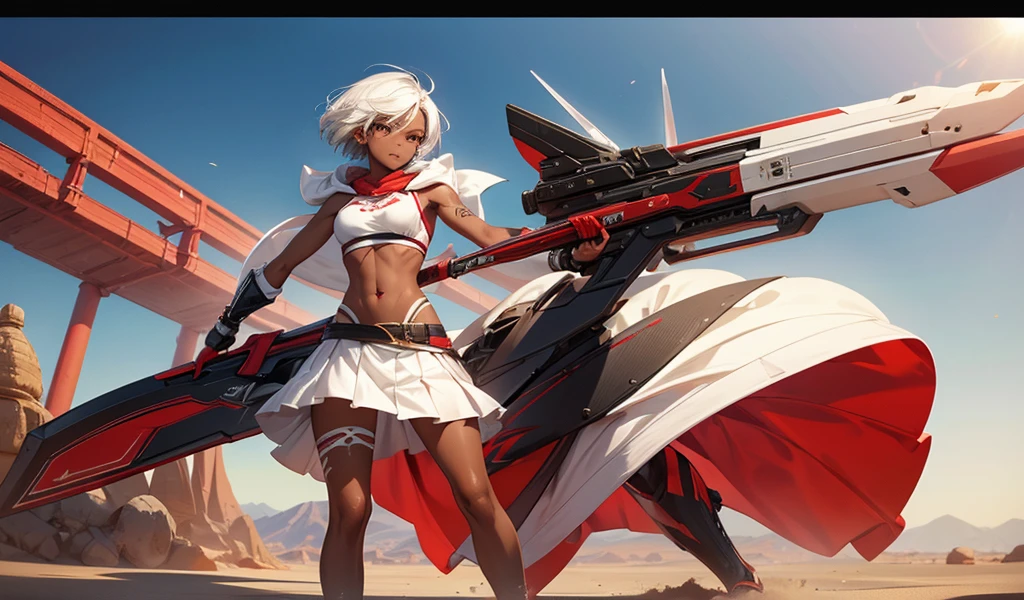 Girl with short white hair, black skin and tattoos，Extremely slim body，Transparent hood，Red and white sports bra，thong，transparent long skirt，，Scimitar，desert
