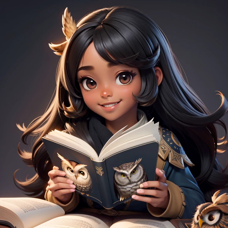 (Highest quality, masterpiece: 1,1), (owl, black eyes, bright smile), brown skin, long hair, cute girl reading magic book, detailed, 8K