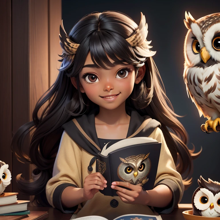 (Highest quality, masterpiece: 1,1), (owl, black eyes, bright smile), brown skin, long hair, cute girl reading magic book, detailed, 8K