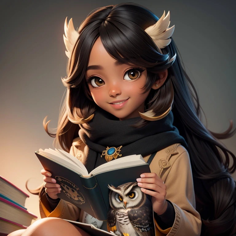 (Highest quality, masterpiece: 1,1), (owl, black eyes, bright smile), brown skin, long hair, cute girl reading magic book, detailed, 8K