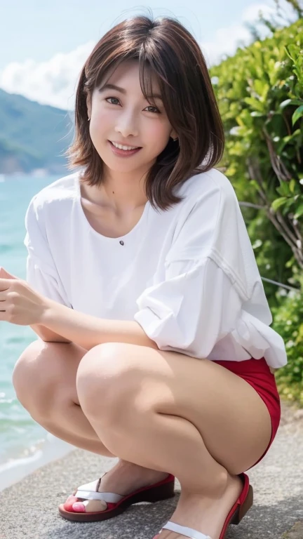 (Captured by a professional photographer:1.2), high quality, Realistic, Best image quality:1.3, (RAW Photos:1.1), Amateur models, (Accurate skeleton:1.2), (Attention to detail:1.1), 30 years old, Japanese women,(Beach), (White blouse:1.2, hot pants:1.2),Off the shoulder, barefoot, Looking at the camera:1.1, look at the person you like, Gentle expression, Thighs are visible, Warm sunshine,(Detailed eyes:1.1), (Detailed hand), (Detailed feet), smile:0.1, Cleavage:0.2, Medium chest, Sweat:0.2,