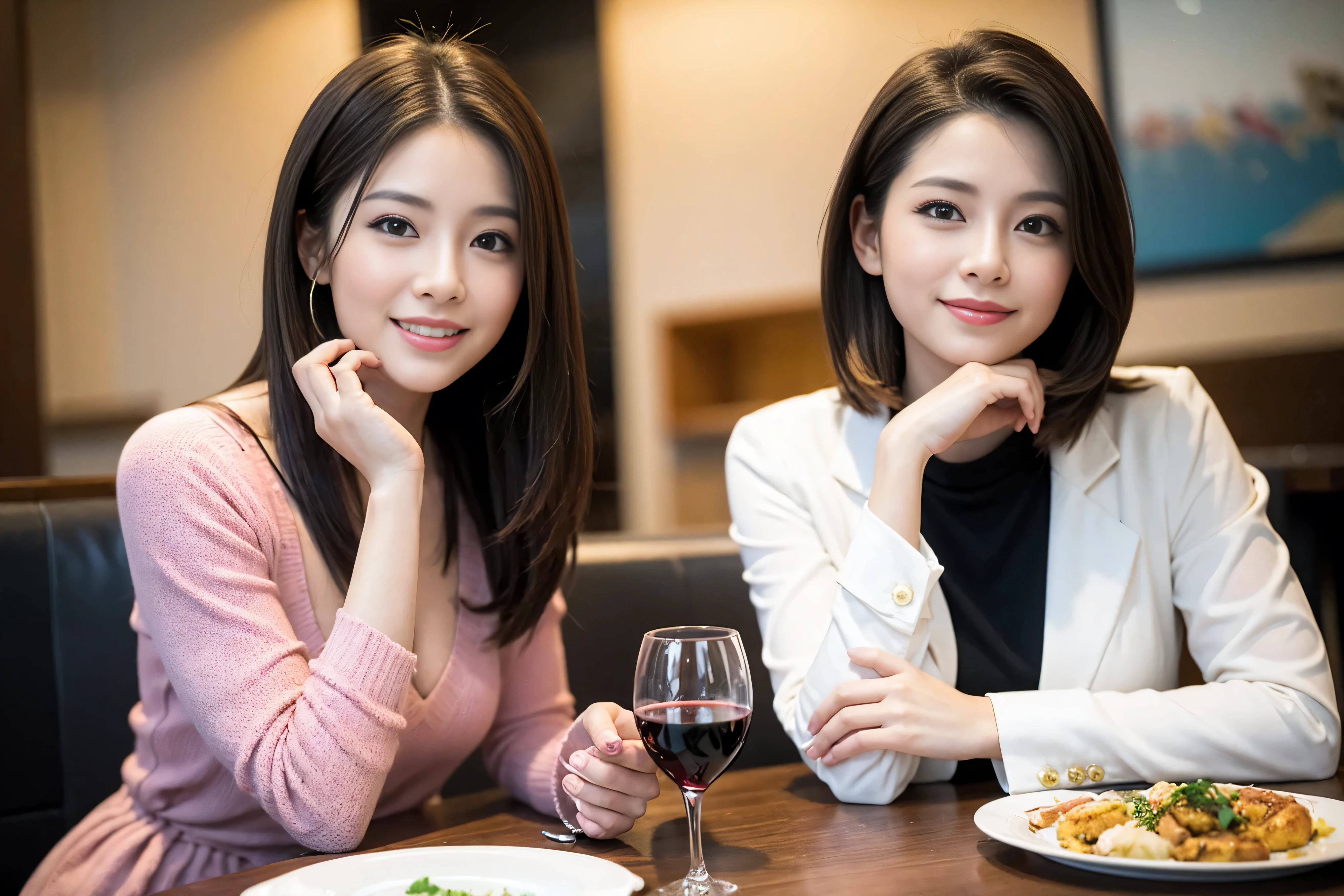 ((highest quality、8k、masterpiece:1.3))、Satomi Ishihara lookalike beauty、1 male、1 female、Couple、Spouse、half、The body is slim、((Bob Hale、Straight hair:1.2)), (Realistic, Intricate details:1.2), Wine glass on the table、Shine light on your face、 Amazing view of the sunset sky and clouds、Amazing mountain views、A bright smile、The wonderfulness of smile、Bright image、The beauty of wine, Beautiful Face, blue eyes, The light shines on your face, Blushing, short hair,Bright Face、 (Age 45), 39 years old, red wine 、Appetizers、Italian food、Wine bottle、Champagne、sparkling wine、Two beauties、Brown Hair、Shortcuts、Long sleeve shirt、dress、Pretty Woman 1, (Slim face), (The body is slim), (Brown Hair), (Shortcuts), cheeks turn a little red,Attractive beauty、restaurant, In a prominent place (From the waist up) Nova Frog Style, actress, model, Upper Body, White wine, slim, wine glass, A wine glass placed in the center, smile, (smile: 1.15), Beautiful fine grain, Depth f/2,saturation, High Contrast, Strong light and shadow,Moist Body:1.5、3D texture、Delicate eyes、Brown Hair、The hair is very shiny、