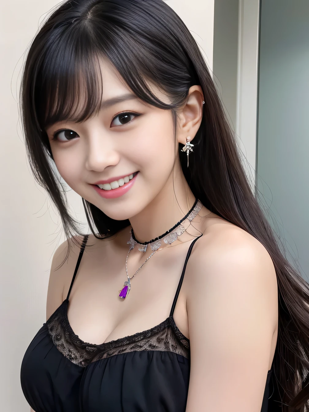 Ultra-high resolution, Superior Quality, highest quality, Very detailed, Realistic, 8k, RAW Photos, highest quality, masterpiece, Attractive girl, Awesome girl, Black Hair、Wavy Hair、 hairstyle semi long、Mesh Hair, Japanese Idols, Ear piercing、Necklace around the neck、blouse、smile、Beautiful teeth alignment、