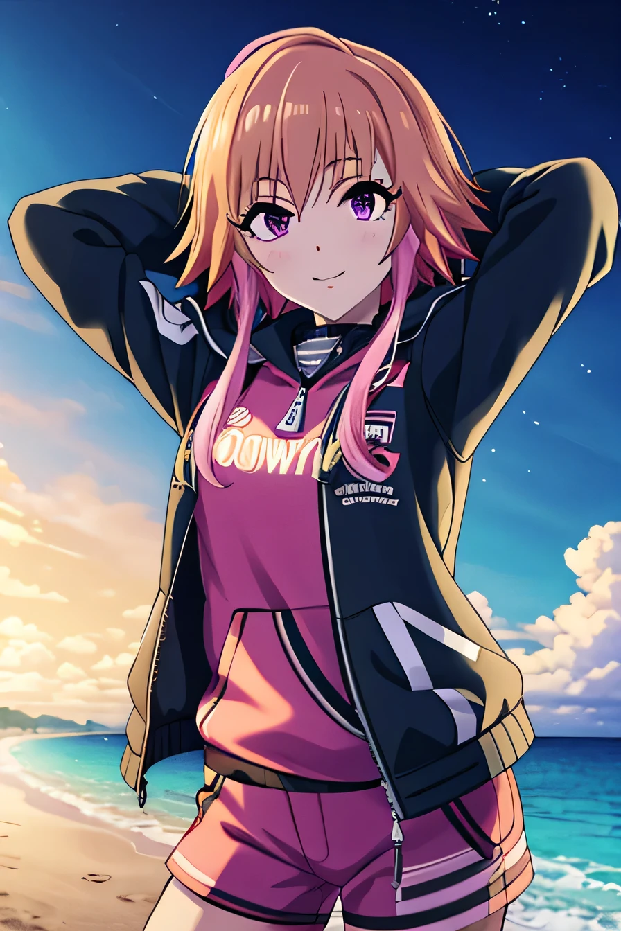 ninomiya asuka, masterpiece, best quality, ultra-detailed, solo,1girl, orange hair,long hair,bangs,twin braids,pink hair,purple eyes,black jacket,open jacket,hoodie,white short, (cowboy shot:1.5), beach, night sky, arms behind head, spread armpits, contrapposto, smile, closed mouth, looking at viewer,