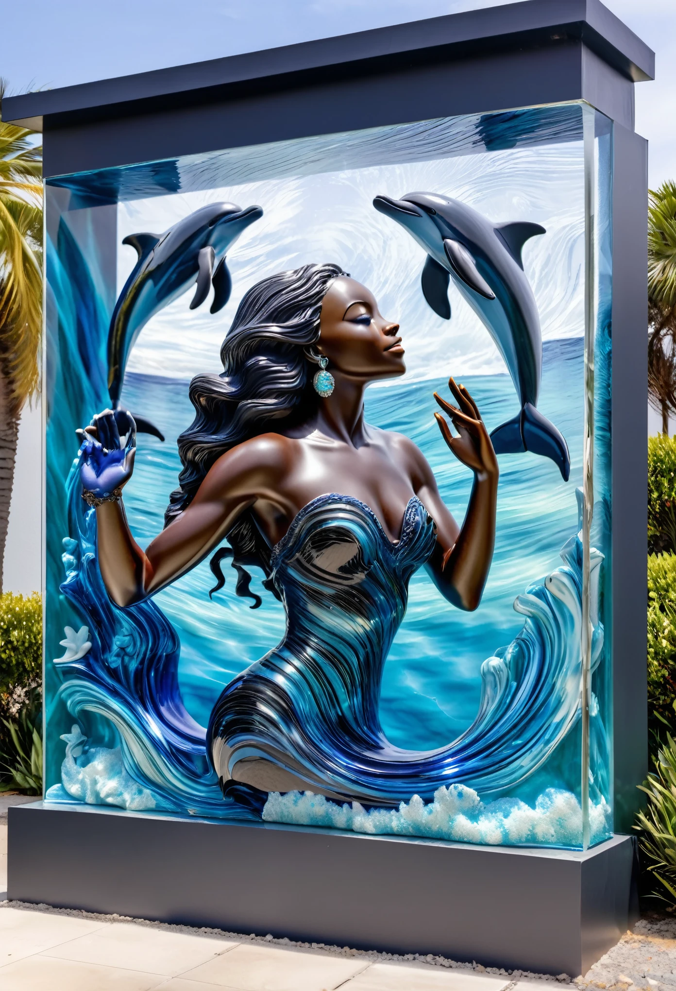 a glass sculpture art attached to a building wall, a glass sculpture art of a black woman stretching her left hand until she touches the nose of a happy dolphin, the glass sculpture is highly detailed with ocean waves included, 32k, ultra HD