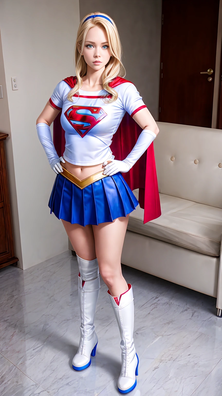 ((Full body photo, standing, feet on the ground)) sexy Supergirl long blonde hair and blue eyes, black hairband, white croptop, short sleeves, red cape, blue pencil skirt, red boots, white gloves
