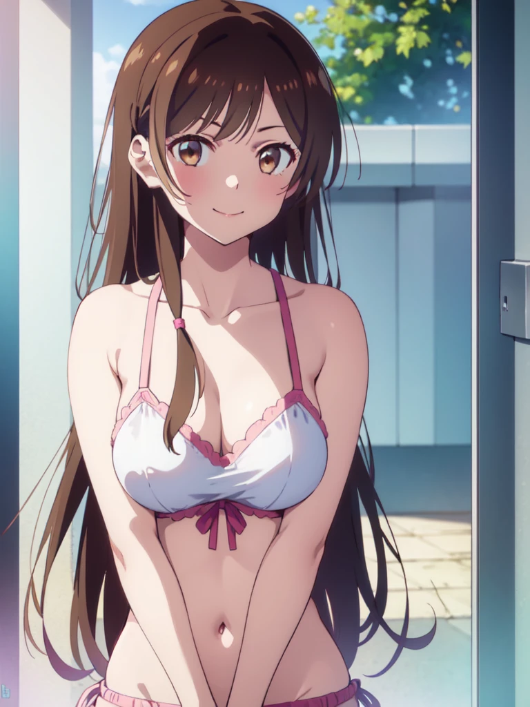(((pixel-perfect, detail-perfect))), solo, 1girl, chizuru ichinose, bikini, looking at viewer, smile, upper body1 girl, beauty, brown eyes, alone, breasts, brown hair, big breasts, Kanojo anime lineart, Chizuru, 1 girl, brown hair, long hair,, big breasts,,add_detail: 1,