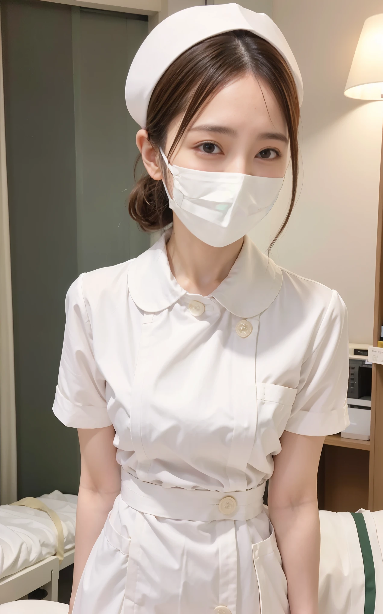 1 girl,(Wearing white nurse clothes:1.2),(RAW photo, highest quality), (realistic, photo-realistic:1.4, masterpiece, very delicate and beautiful, very detailed, 2k wallpaper, very detailed CG unity 8k wallpaper, Super detailed, High resolution), soft light, beautiful detailed girl, very detailed eyes and face, beautifully detailed nose, finely beautiful eyes, nurse, perfect anatomy, black hair, low ponytail style, ((white nurse uniform, mask)), thin, hospital, hospital room, auscultation of the neck,bob cut