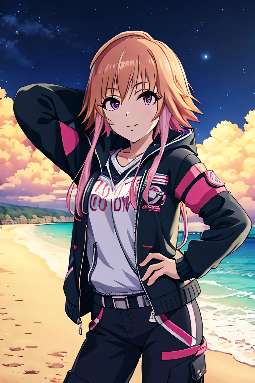 ninomiya asuka, masterpiece, best quality, ultra-detailed, solo,1girl, orange hair,long hair,bangs,twin braids,pink hair,purple eyes,black jacket,open jacket,hoodie,white short, (cowboy shot:1.5), beach, night sky, arm behind head, spread, hand on hip, armpits, contrapposto, smile, closed mouth, looking at viewer,