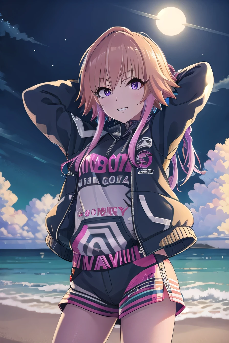 ninomiya asuka, masterpiece, best quality, ultra-detailed, solo,1girl, orange hair,long hair,bangs,twin braids,pink hair,purple eyes,black jacket,open jacket,hoodie,white short, (cowboy shot:1.5), beach, night sky, arms behind head, spread armpits, contrapposto, grin, closed mouth, looking at viewer,