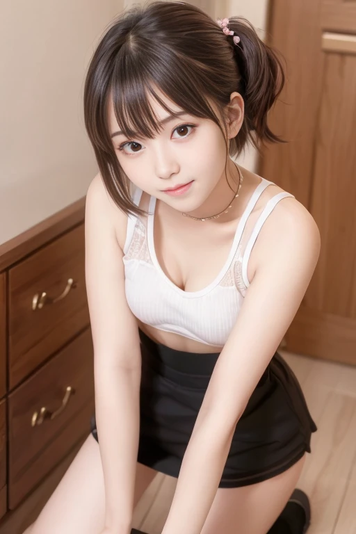 (((high resolution))),(((high quality))),(distinct),realistic:1.4,20yo,idol face,1 Girl,Random sports bra,Very short miniskirt:1.7,Room Self,,Perfect figure,random hairstyle,Random Hair Color,(large Breast),Bracelet,Ring,hair ornaments,embarrassed:1.2,blush:1.5,from below:1.6,Cute smile:1.2,,pov,full body shot,(chest zoom angle),low position,front view,(leaning forward,smartphone