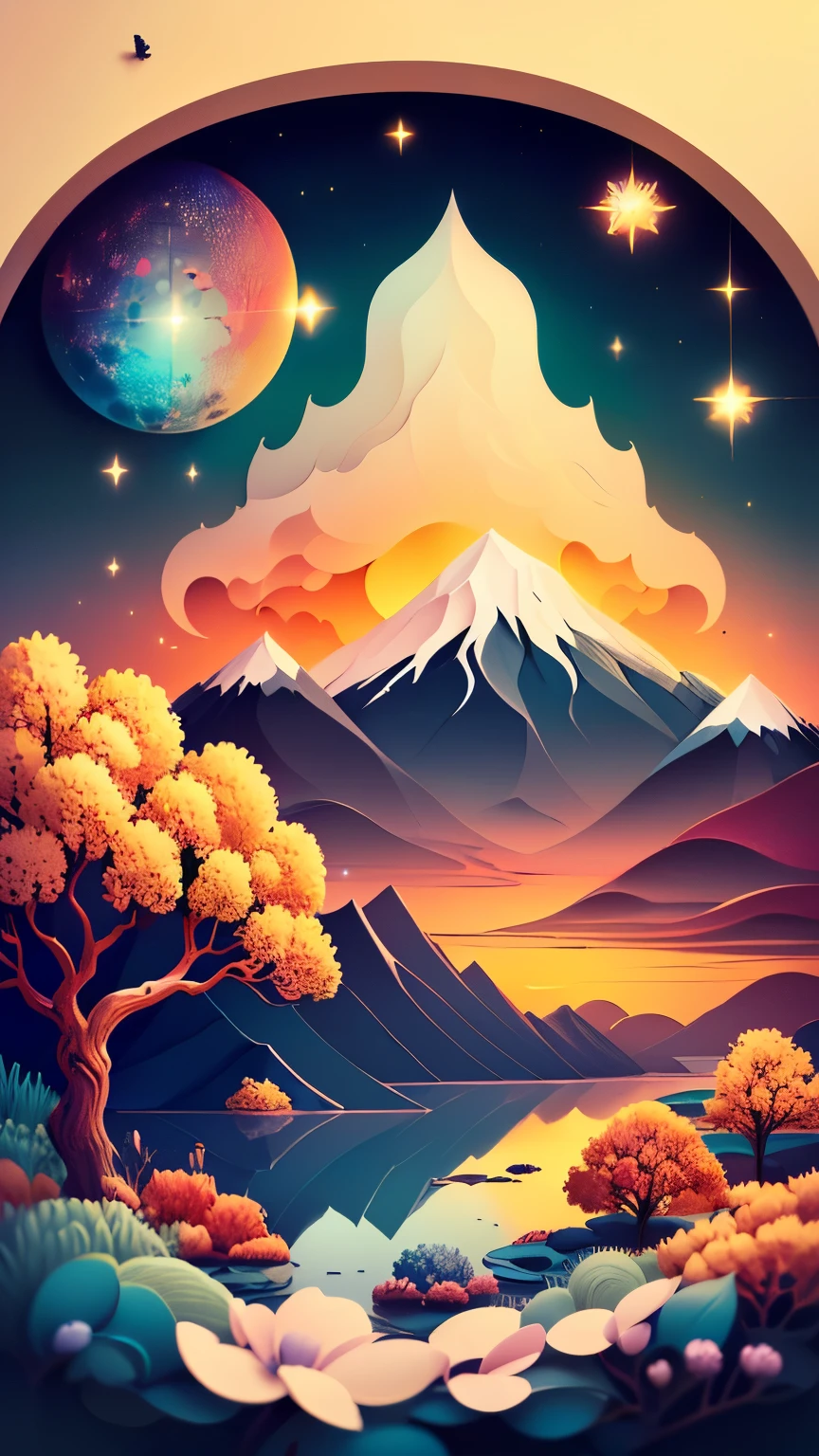 (obra maestra),(Mejor calidad:1.0), (ultra high resolution:1.0), detailed illustration, intrincado, paisaje detallado, vibrante colors, atardecer, nubes, (( magical, Hermoso, de otro mundo, trees:1.4 )), (( Mejor calidad, vibrante, 32k ,luz y sombras bien definidas)).