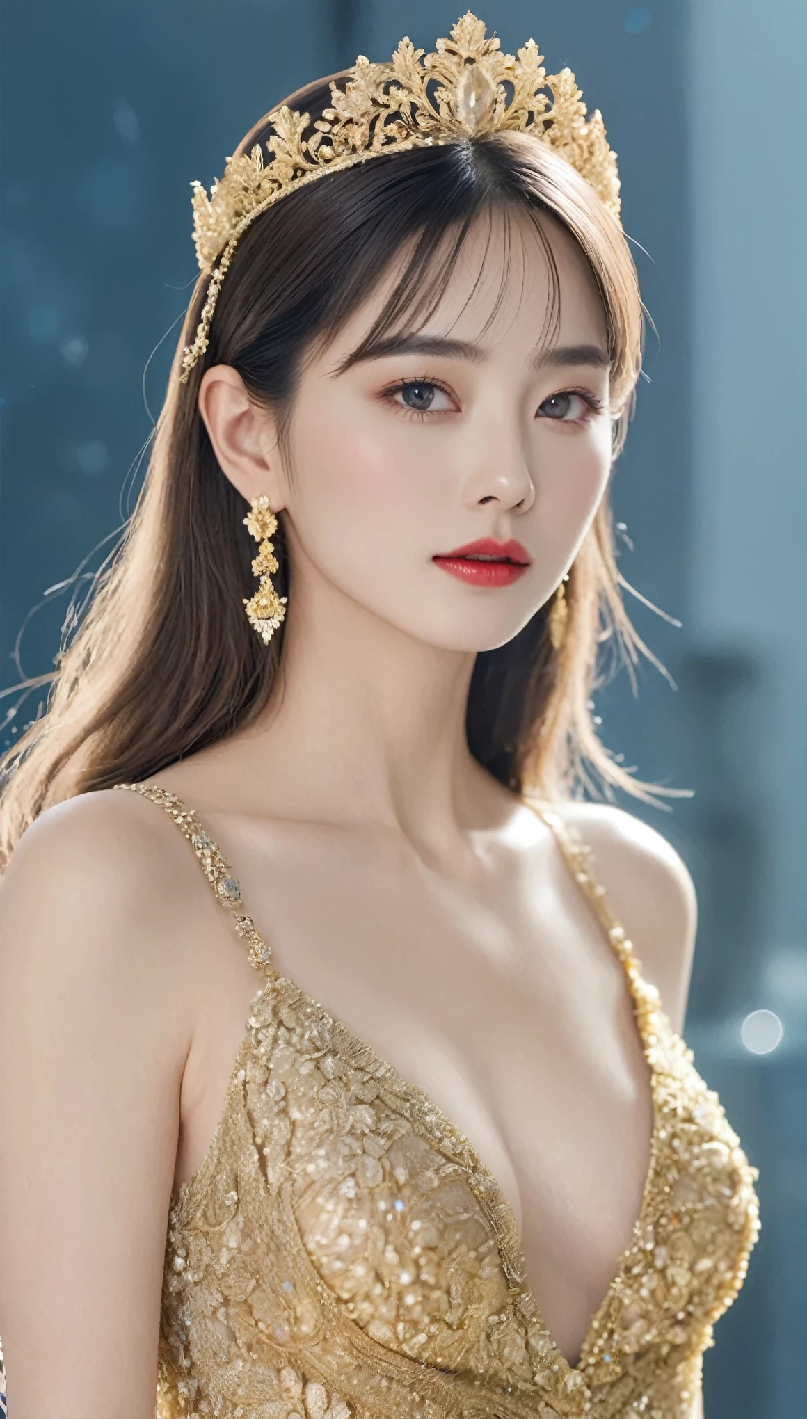 masterpiece,highest quality,wonderful,(beauty女性_beauty:1),(Golden Dress:1.3), (35 year old beauty:1.3),、bigbig big　,Hyper Real, Glittering palaces of Europe.,Beautiful woman,、Sexy Woman、Delicate skin texture to the smallest detail、Detailed blue eyes　(big big big)、中年beauty女性、(((Fluffy long blonde hair)))、(((big, big, big胸の谷間)))、big胸の谷間、豪華に装飾されたGolden Dress、Gorgeous and glamorous gold tiara、flashy gold high heels、Pure gold and jewellery necklaces and collars、Big gold earrings、Bright red lips、豪華なGolden Dressを着ている、Golden Long Globe、She is very beautiful、(Attend a lavish party)、