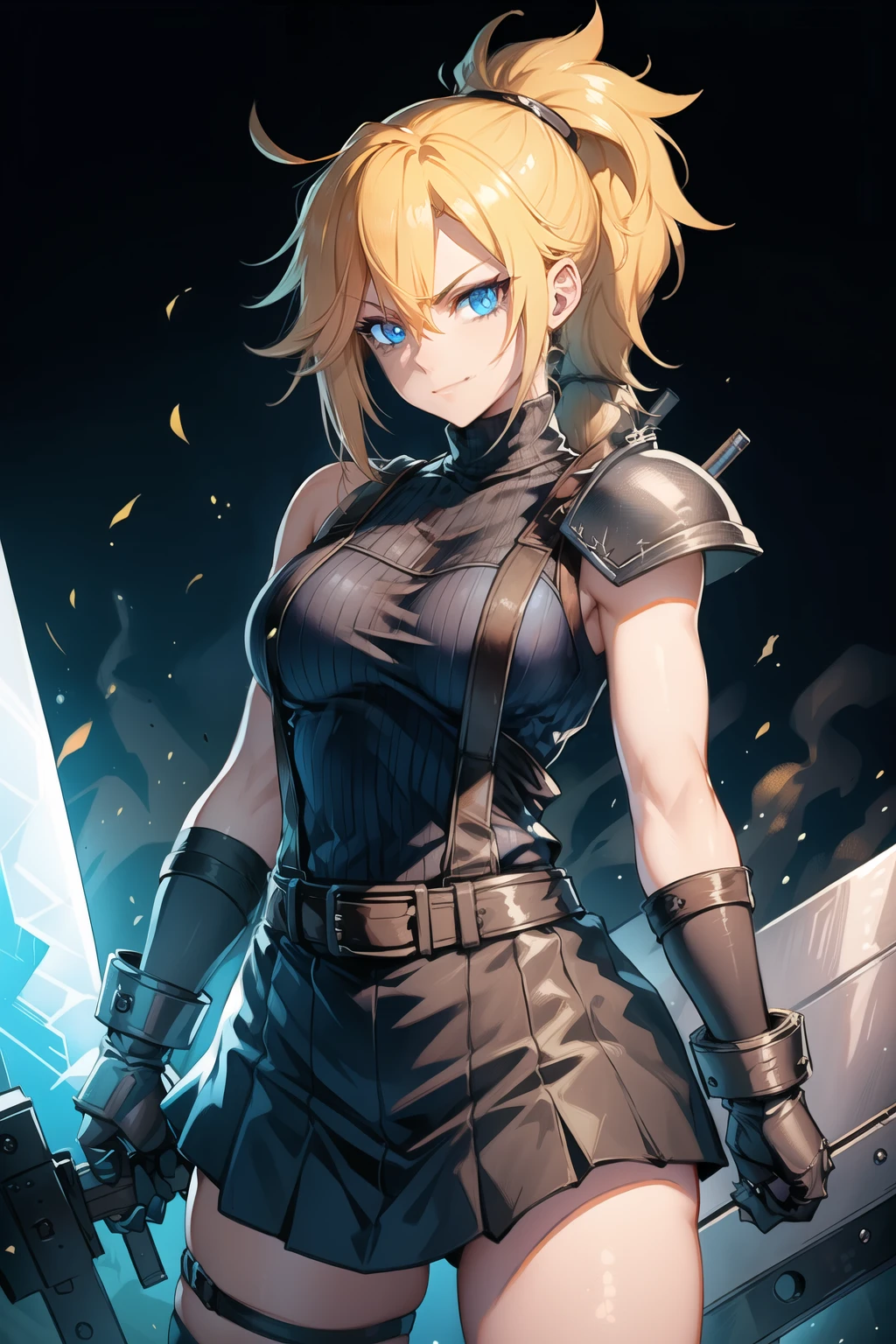 (masterpiece, best quality:1.2), Blue  glowing eyes, perfect face, highres, 1 girl, solo, ultra long ponytail, (female:1.5), strife, blonde hair, shoulder armor, sleeveless turtleneck, suspenders, belt, gloves, bracer, evil smile, standing, portrait, looking at viewer, giant sword on the back