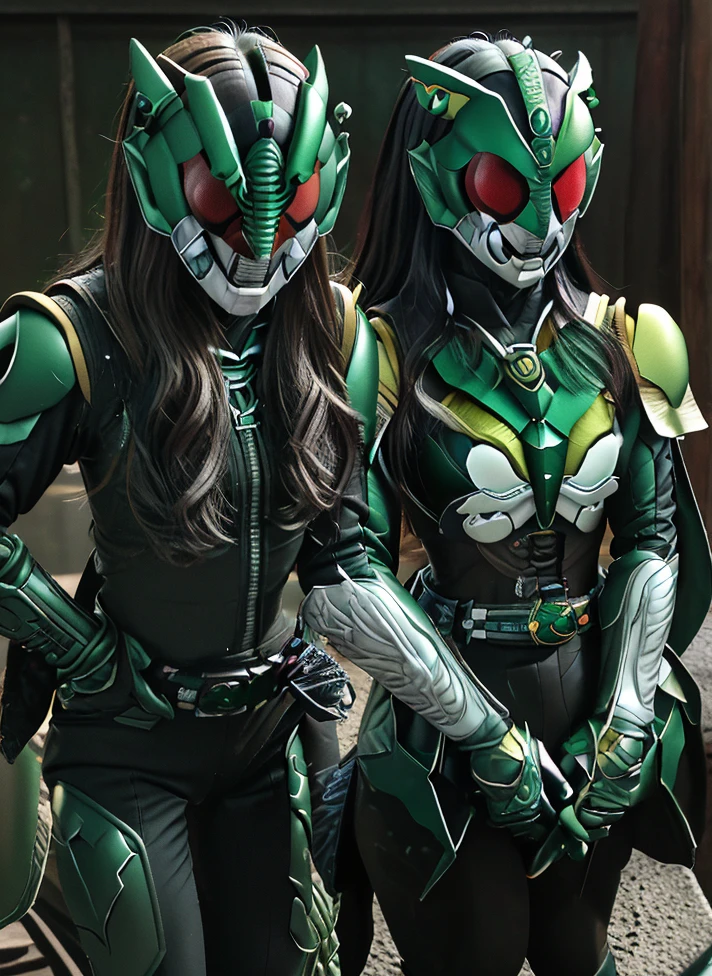 Armoured girl, realistic, long hair, lite green black robotics, Kamen rider, full helmet mask,