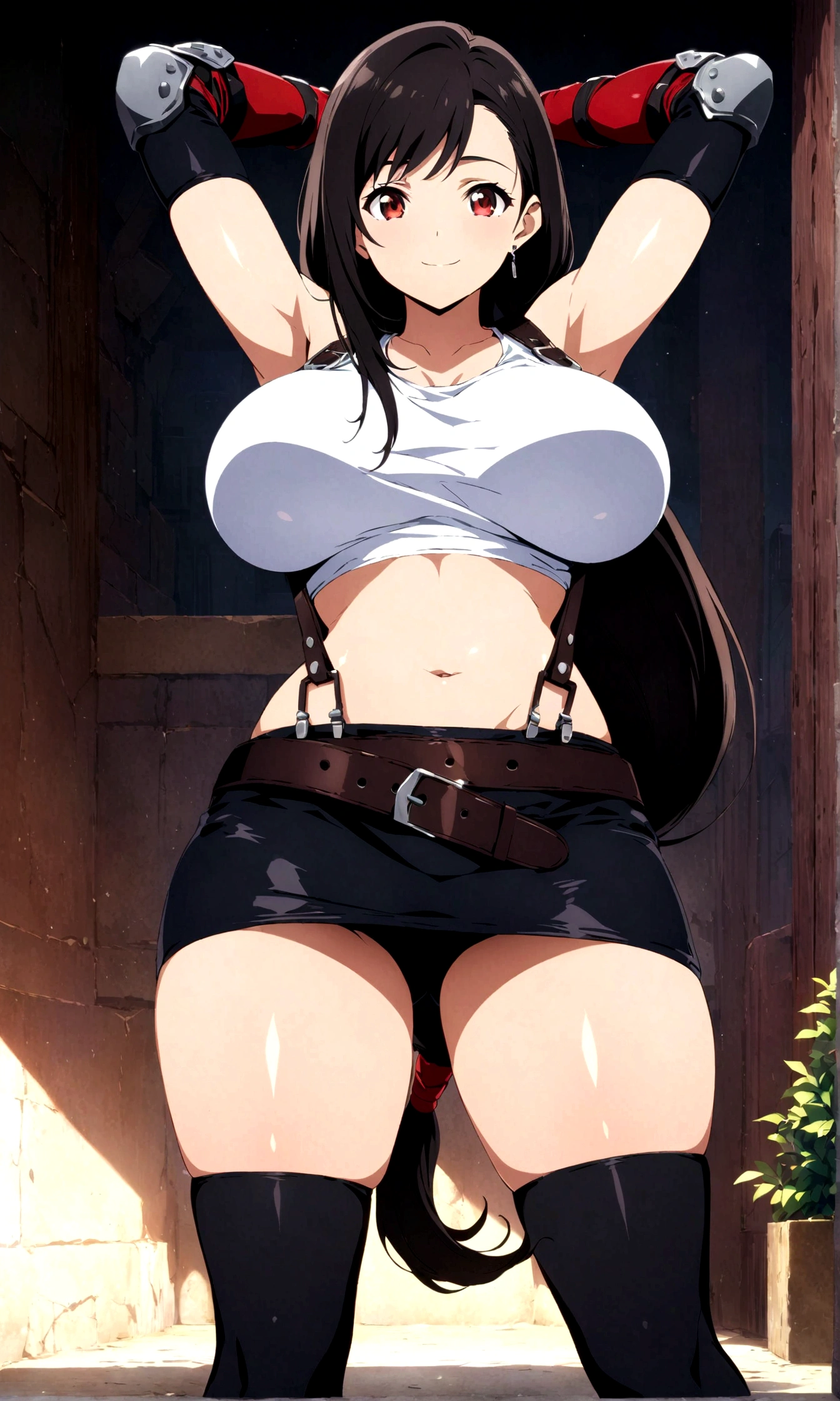 score_9, score_8_up, score_7_up,4k, ,BREAK , (from front,medium angle),standing,straight-on,arms up,arms behind head,(upperbody),looking_at_viewer ,1girl, tifa lockhart, final fantasy, tareme,black hair, low-tied long hair, red eyes, bangs, white tank top, belt, pleated skirt, thighhighs, elbow fingerless gloves, elbow pads, midriff, navel,suspender skirt, ,big_breasts,() ,,(light smile),shiny skin,(Curvy waist), ,Solo,,(daytime and beachside,), ,,,detailed skin,,((best quality)),,(aesthetic,very aesthetic),(beautifulbody),(UHD),anime,anime style, key visual,, highly detailed,sharp focus,depth of field,,professional lighting,cinematic lighting,shirtlift