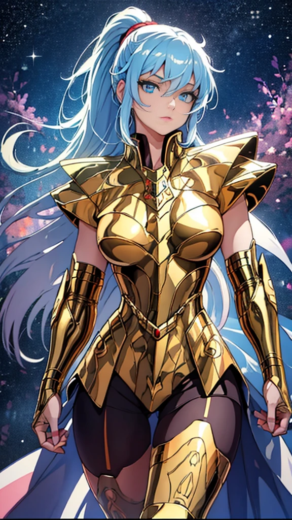 realistically， masterpiece， best quality， high resolution, 1 girl， is a perfect face，  Transparent vinyl that adheres to skin, ponytail hair, blue hair， blue eyes， pale skin， Virgo， Gold armor and white parts， armor， line art， low pitch， sharp focus， Octane renderer，(starry sky background，)Standing on the gorgeous magic circle，exposed cleavage，exposed belly，exposed thigh，exposed