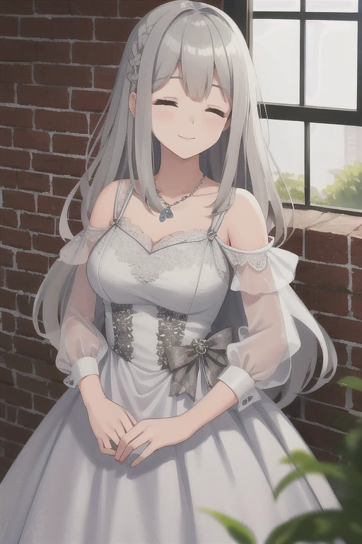 ((Best quality))), ((Ultra-detailed)), ((illustration)), ((Disheveled hair)), ((frilld)), (1 girl), (Solo),,1girl,bangs,blurry,bow,brick_wall,closed_eyes,closed_mouth,collarbone,dress,hair_flaps,indoors,long_hair,photo_(medium),smile,solo,white_dress,rating:safe,Princess_dress, gray hair,